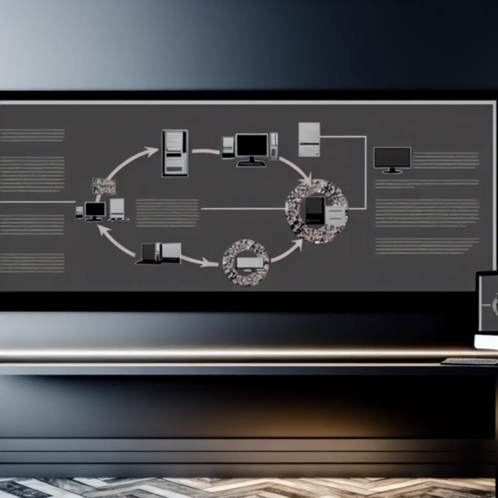 Infografika przedstawiająca cykl życia komputera od zakupu, przez eksploatację i modernizacje, aż po recykling.