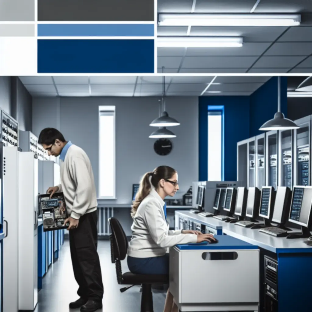 Serwisanci Computoryxa pracujący przy biurkach pełnych specjalistycznego sprzętu diagnostycznego