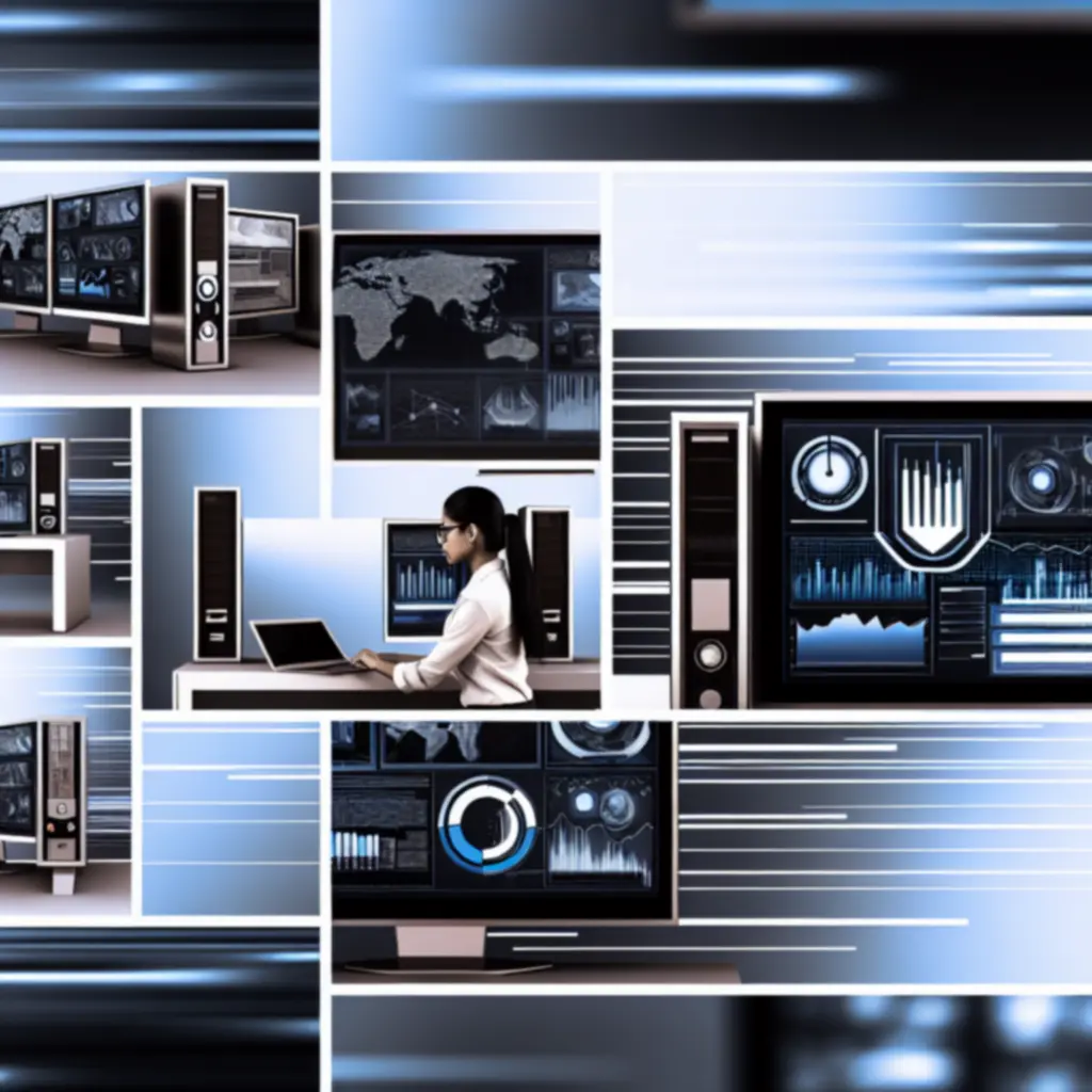 Biurko serwisowe z nowoczesnymi podzespołami komputerowymi i monitorem z panelem diagnostycznym.