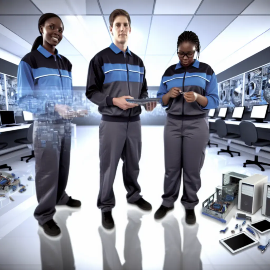 Zespół techników komputerowych Computoryxa przy stanowisku serwisowym